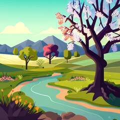 Scenic Spring Serenity: Vector Scene with Upbeat Vibe