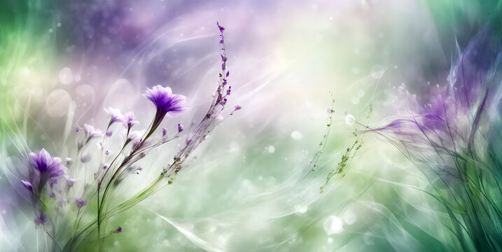 abstract floral romantic background with purple flowers and green colors in artistic ethereal style