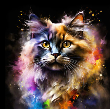 beautiful cat portrait in artistic style with explosion of colors over black background
