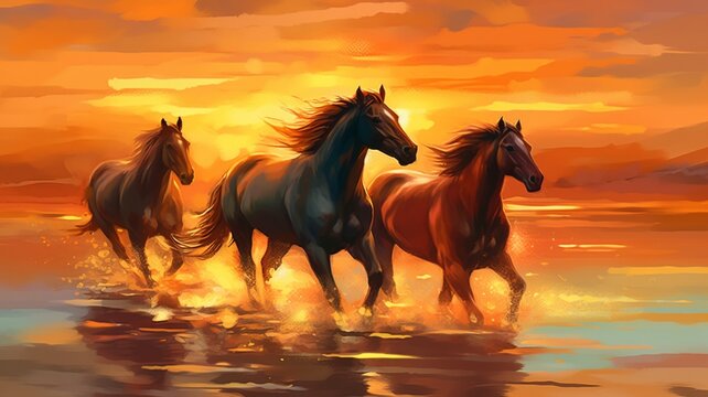 Three horses running at sunset on the canvas Ai generated attractive art