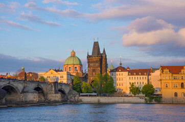 View of old town with Charles Bridge (Karluv Most) on Vltava river and Old Town Bridge Tower,...