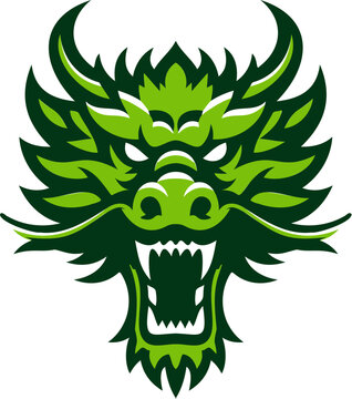 Green dragon head front view logo. Simple shaped dragon stamp. Dragon with opened mouth and fangs. Asian culture symbol of a new 2024 year. Fantasy magic reptile predator. Dragon head for your design.