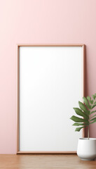 Mockup poster frame close up on wall painted pastel pink color, 3d render. AI generated