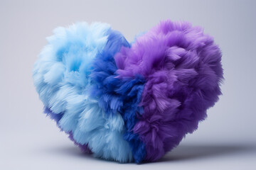 AI. fluffy, puffy and oddly heart made of faux fur purple-blue isolated on a soft grey background