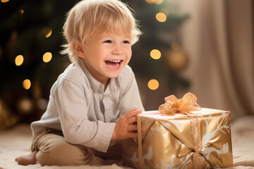 Fototapeta na wymiar laughing child with a christmas present