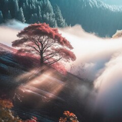 fog over the mountains, with a tree in the center
