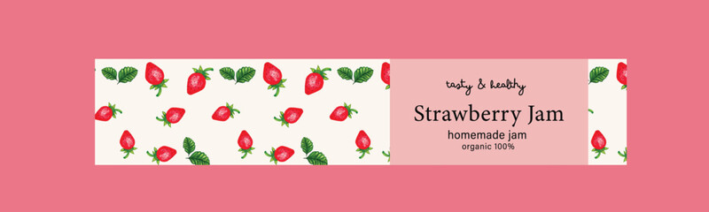 Strawberry logo label on pattern background. Watercolor hand drawn painting strawberry. Organic and natural product guaranteed banner. Vector logo design.