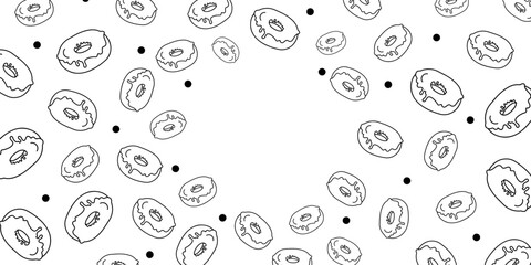 Vector illustration. Contour pattern. Cakes, donuts, croissants, macarons in sketch style. Hand drawn food elements. Desserts and sweets food doodle background with copy space for text.