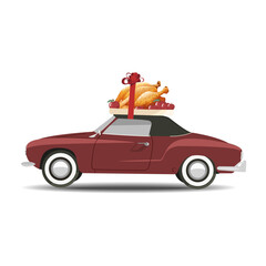 A cooked turkey with a bow is being carried on the roof of a red retro car. Thanksgiving Day.  EPS 10