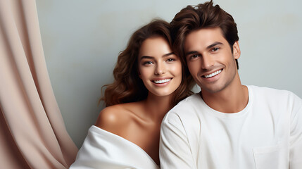 Portrait of a happy young couple looking at camera while standing against grey background