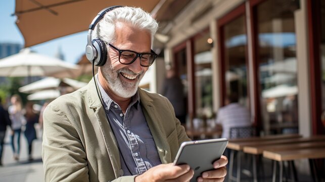 Elderly person making a video phone call with Grandchildren, online Learning via a tablet