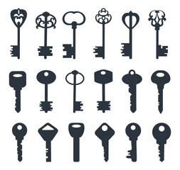 Key form silhouettes. Old vintage ornate antique house door keys or secret lock escape, simple white logo black shape medieval ornament in retro style icon neat png illustration