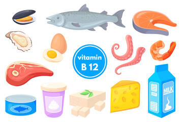 Vitamin b12 products. Healthy food, fish meat milk cheese egg salmon curd shrimp tuna, organic dietary nutrition, vegan fruits diet, balanced energy minerals neat png