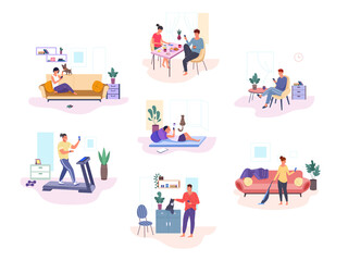 People using devices at home. Woman with cell phone or laptop indoor room in couch, couple having breakfast scrolling news on smartphones digital addiction garish png