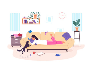 Obraz premium Lazy girl on sofa. Depressed woman in home couch, apathy person wearing pajamas hold smartphone, mess of clothes room, laziness apathetic rest apartment, flat garish png