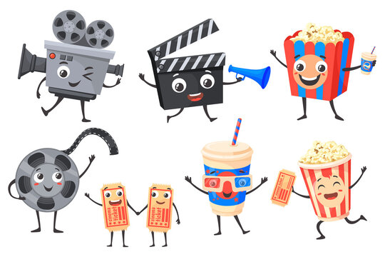 Cartoon cinematography characters. Cartoon cinema icon, funny cute movie personage, popcorn 3d glasses video camera clapperboard, ticket comedy theater, neat png illustration