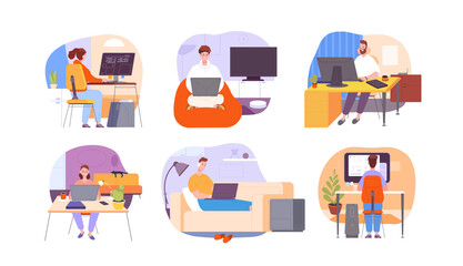Freelance use computer home. Laptop in office desk, cartoon woman man remote worker, smart people online job house chair professional workplace splendid character png