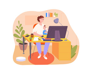 Mom working home. Freelance work, woman mother leave office, mum at computer table with kid child, maternity parent, family workplace, internet job