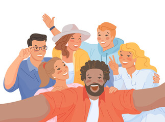 Group selfie of friends. Cartoon people making joint photo portrait on phone camera, smiling girl and boy take video self, friendship picture photograph, flat swanky png