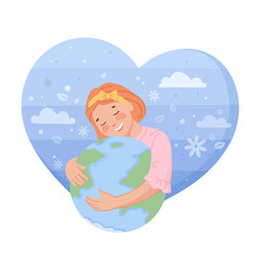 Girl hug planet. Kid hugs earth, environment care eco protection save world, child friendly embrace globe, clean ecology, environmental peace, recycle nature, swanky png