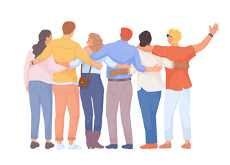 Hugging backs. Group people hugs friends back view, embrace diverse students team, friendship unity teen school together, family relationship teamwork flat swanky png