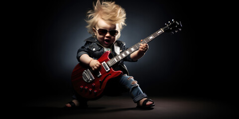 A Baby Playing An Electric Guitar. Сoncept Pets Doing Yoga, Nature Walks, Food Photography,...