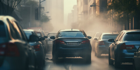 Car Stuck In Traffic Emits Visible Exhaust Fumes. Сoncept Air Pollution, Traffic Congestion, Vehicle Emissions, Environmental Impact - obrazy, fototapety, plakaty