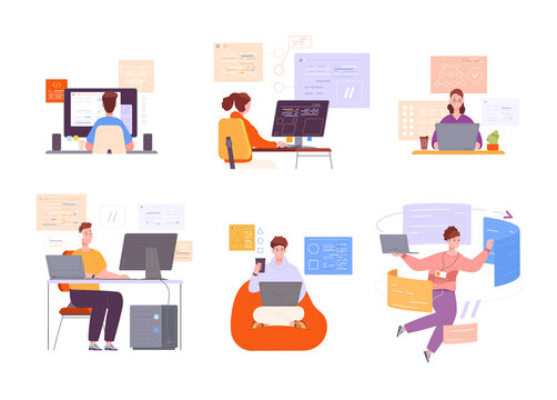 Code engineer works. Encoder programming software, computer technology web development, laptop language program html java php python, internet backend, splendid png illustration