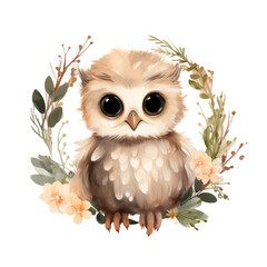 Watercolor cute kawaii a beige owl in boho style, png with transparent background