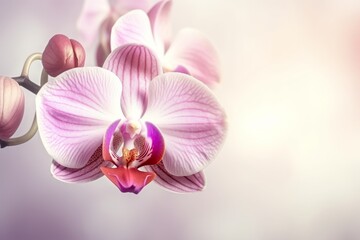 Pink orchid flower. Greeting background. Generative AI