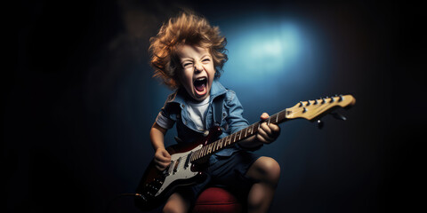 Fototapeta na wymiar Enthusiastic Young Boy Rocking Out On Electric Guitar. Сoncept Musician's Energy, Electric Guitar Skills, Young Talent, Rockstar Vibes