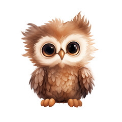 Fototapeta premium Watercolor cute kawaii a beige owl in boho style, png with transparent background