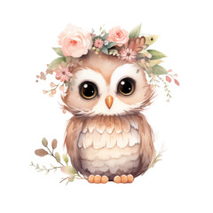 Obraz premium Watercolor cute kawaii a beige owl in boho style, png with transparent background