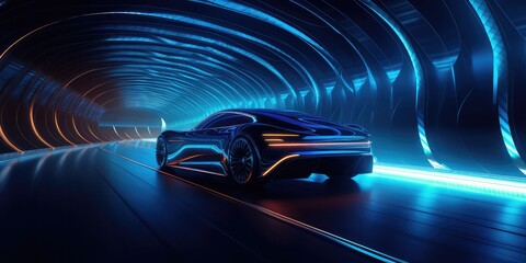 A Futuristic Car Driving Through A Tunnel. Сoncept Abstract Art Exhibition, Nature-Inspired Sculptures, Energetic Dance Performance, Vintage Fashion Show, Food And Wine Pairing Experience