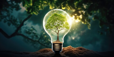 Green Energy Symbolized By A Tree In A Lightbulb. Сoncept Sustainable Living, Renewable Energy, Eco-Friendly Innovations, Green Technology, Environmental Consciousness