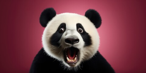 Shocked Panda Isolated On Pink Background. Сoncept Candid Street Photography, Autumn Colors And...