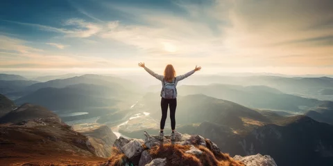 Foto op Canvas Successful Woman Reaching Her Objective With Joy Hiker Enjoys Nature On Mountain Summit. Сoncept Healthy Lifestyle, Adventure Travel, Goal Achievement, Nature Exploration, Mountain Summit © Ян Заболотний