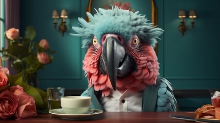 Parrot bird dressed as a human sitting at a desk. Made with Generative AI.