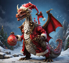 Fairy tale dragon with santa hat and christmas tree.
