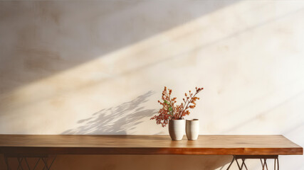 Wooden table with vase of dry flowers on it and wall background
