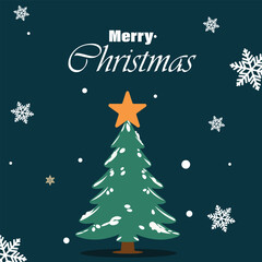 Merry Christmas vector illustration with Xmas tree and snow flakes 