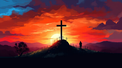 Jesus christ crucifixion scene on dusk and sun rays. Generative AI - obrazy, fototapety, plakaty