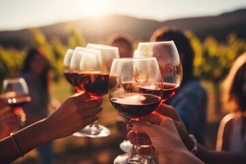 Group of friends gathering for wine tasting in countryside vineyard in summer harvesting season...