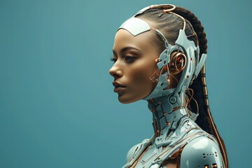 Artificial General Intelligence AI Woman Female Humanoid Robot Human Computer Hybrid Interaction Advanced Technology Solid Color Background - obrazy, fototapety, plakaty