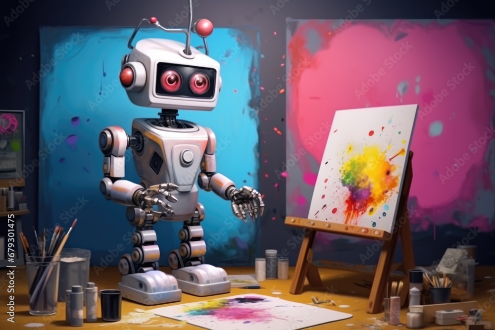 Poster concept of generative ai art technology, robot painting picture in studio. comeliness
