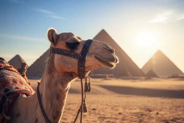 Happy Camel visiting Pyramids in Giza Egypt Desert Smiling Vacation Travel Cultural Historical Heritage Monument Taking Selfie