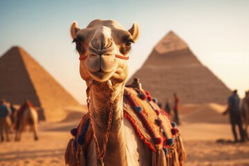 Happy Camel visiting Pyramids in Giza Egypt Desert Smiling Vacation Travel Cultural Historical Heritage Monument Taking Selfie - obrazy, fototapety, plakaty