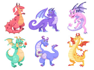 Magic flying dragons. Cartoon fairy creature, funny fantasy creatures characters, fairytale animals, reptiles collection, fire dragon, fly mascot cute baby imagination utter png