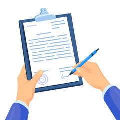 Lawyer signing certification. Contract signature, hand with pen sign paper document, symbol job certificate or legal agreement, cartoon png illustration