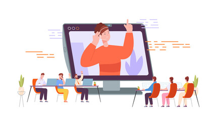 Online coaching group. Education webinar in world digital cloud, teacher lecture on internet classroom, elementary virtual training, png illustration